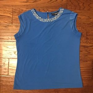 KARL LAGERFELD Blue Sleeveless Pearl Neckline Top